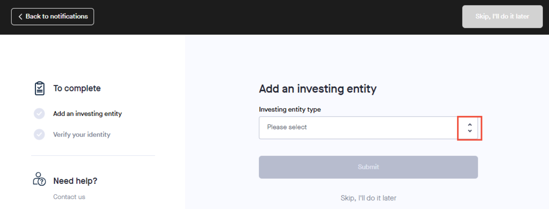 How to create a new investing entity 3 Choose entity type Box