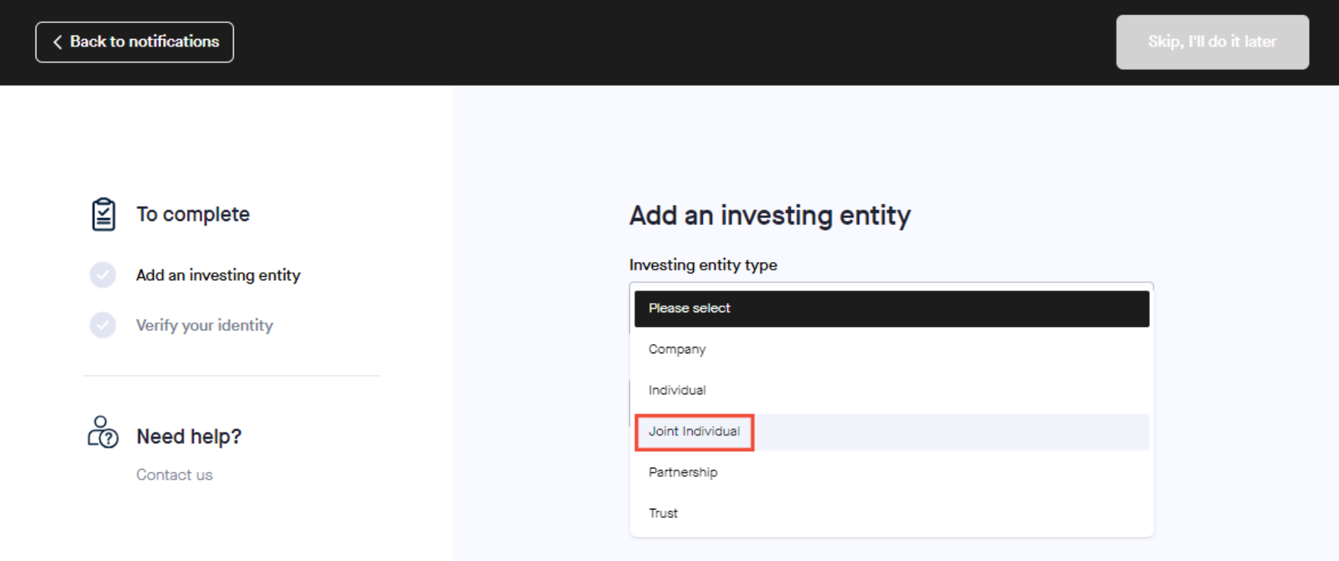 How to create a new investing entity 4 Joint individ Box