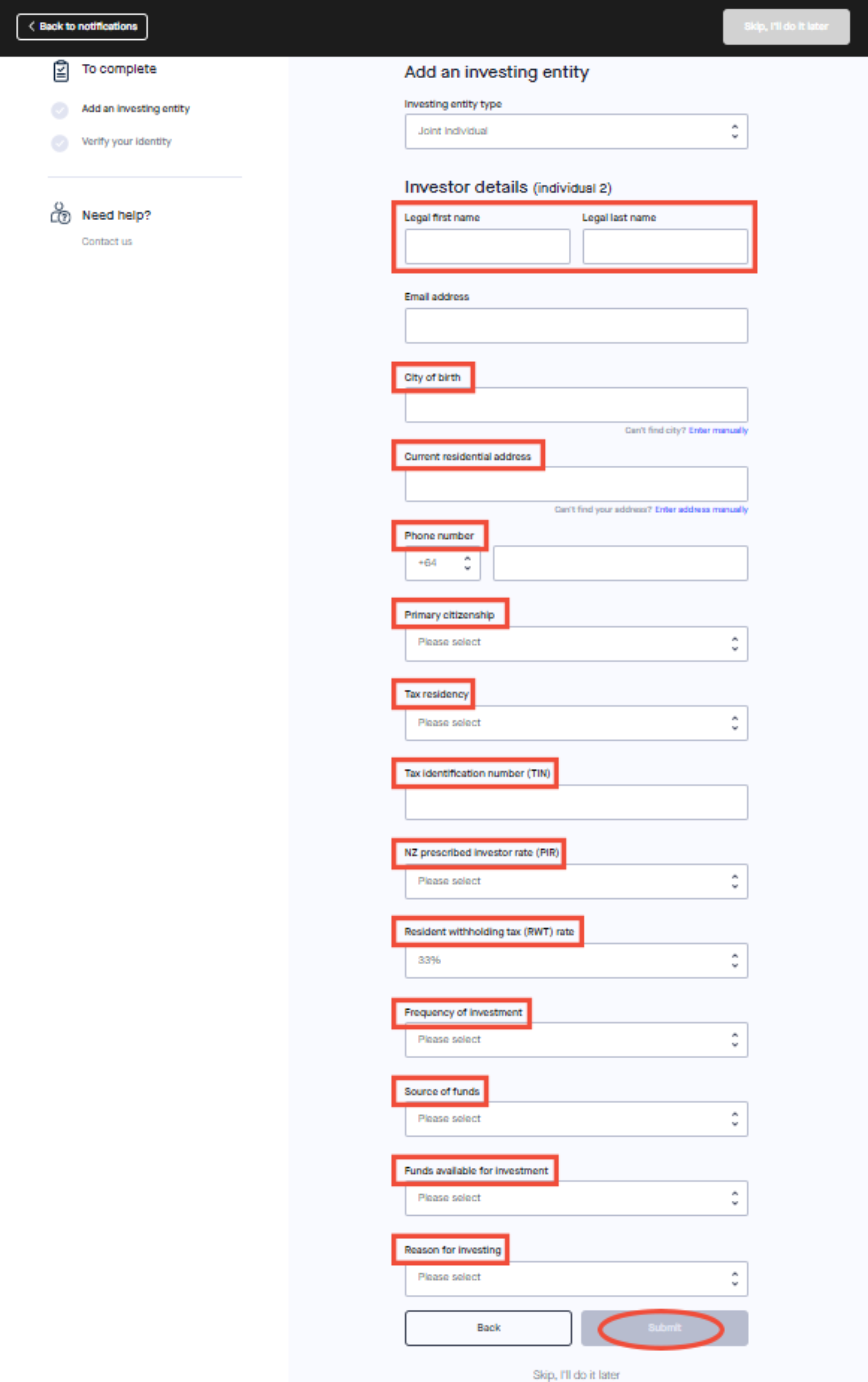 How to create a new investing entity 5 Joint individ details person 2 Box