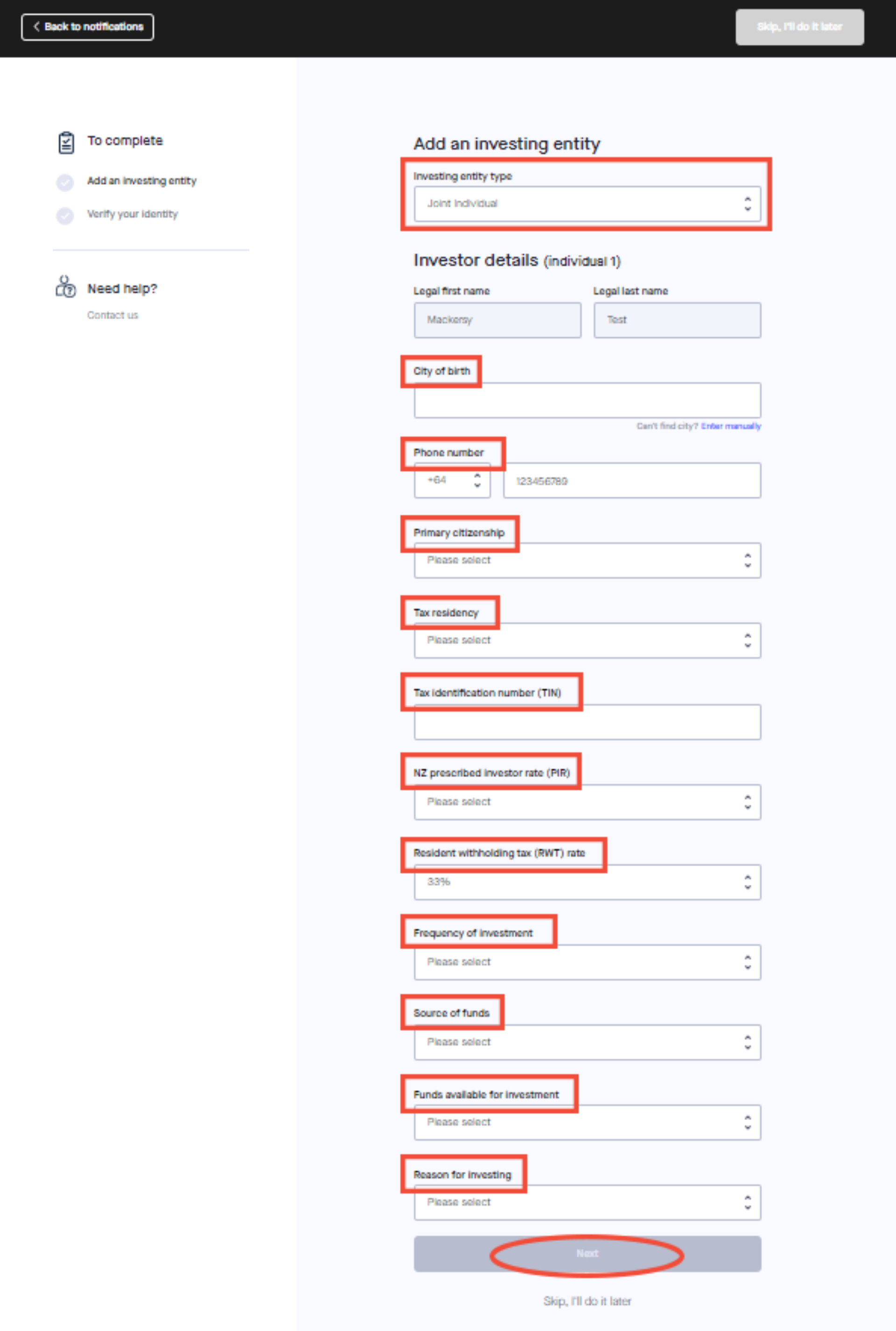 How to create a new investing entity 5 Joint individ details 1st indv Box